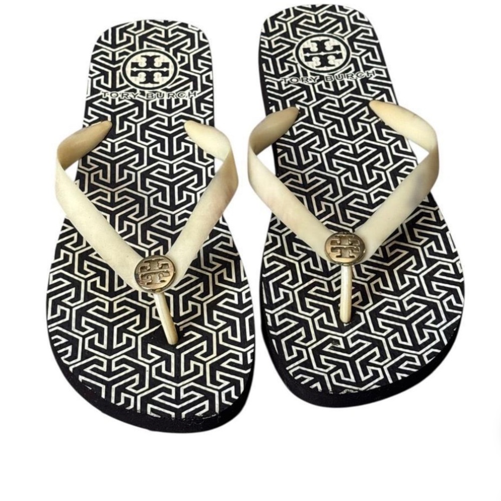 Tory Burch Black and Cream Patterned Sandals